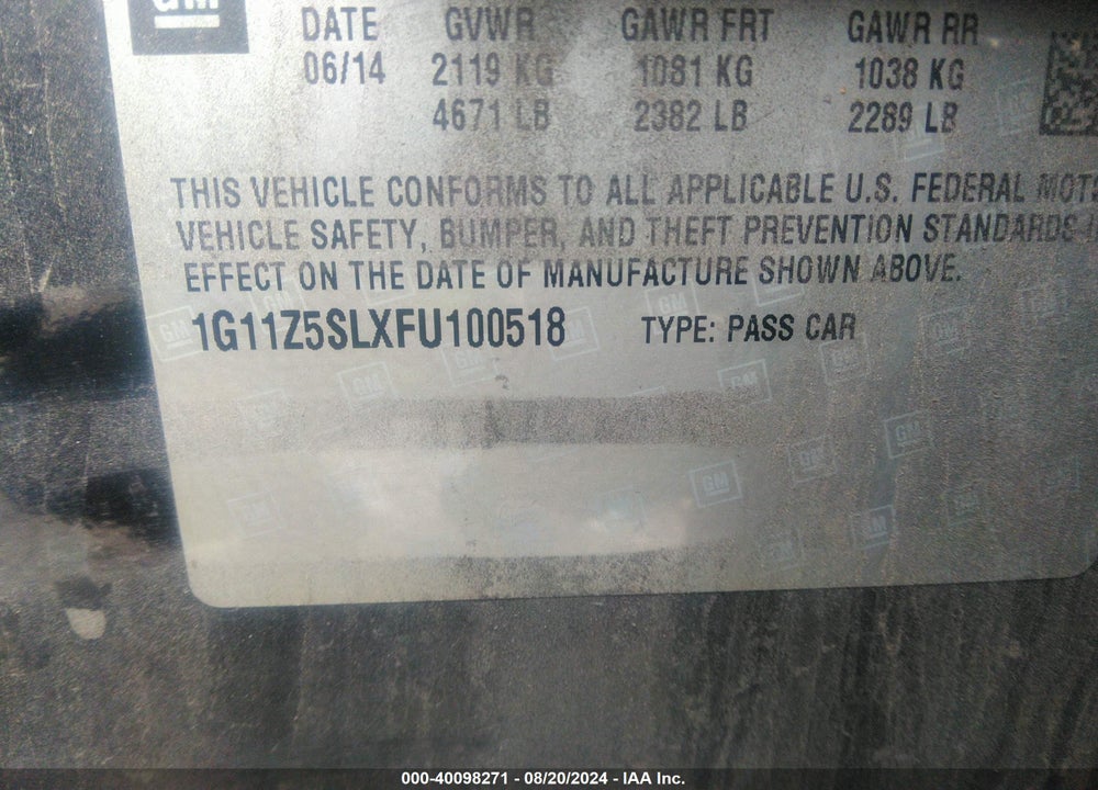 2015 CHEVROLET IMPALA LS VIN: 1G11Z5SLXFU100518