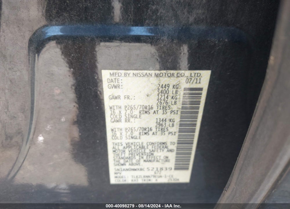 2011 NISSAN XTERRA S VIN: 5N1AN0NWXBC521839