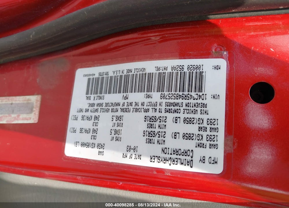 2004 DODGE CARAVAN SXT VIN: 1D4GP45R94B525709