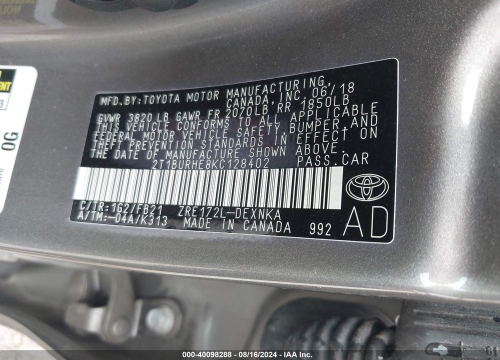 2019 TOYOTA COROLLA LE VIN: 2T1BURHE8KC128402