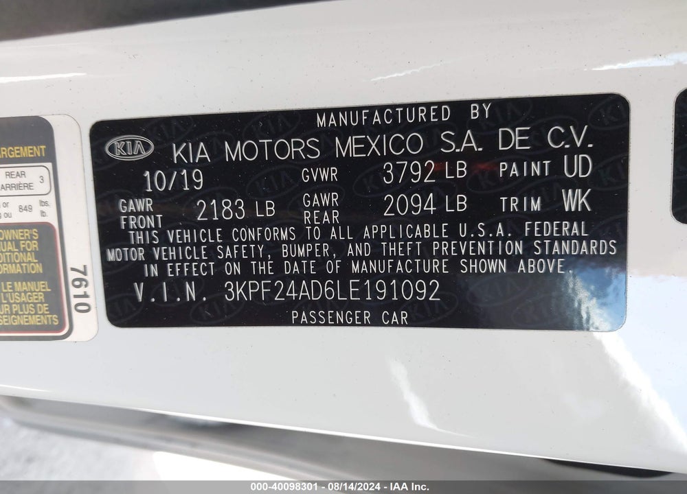 2020 KIA FORTE LXS VIN: 3KPF24AD6LE191092