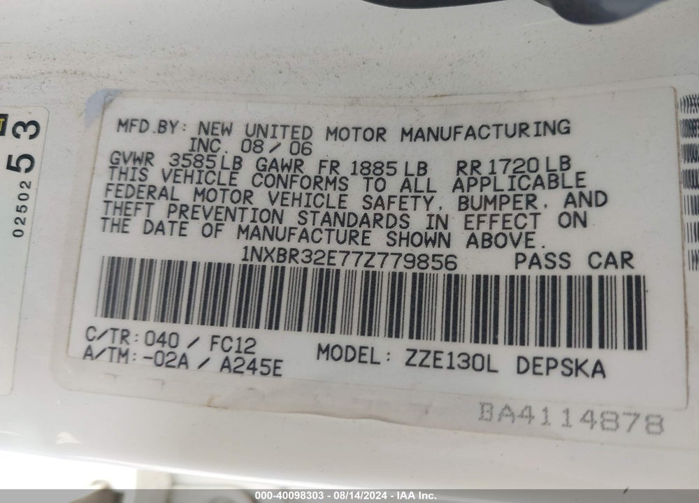 2007 TOYOTA COROLLA S VIN: 1NXBR32E77Z779856