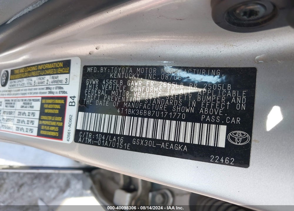 2007 TOYOTA AVALON XLS VIN: 4T1BK36B87U171770