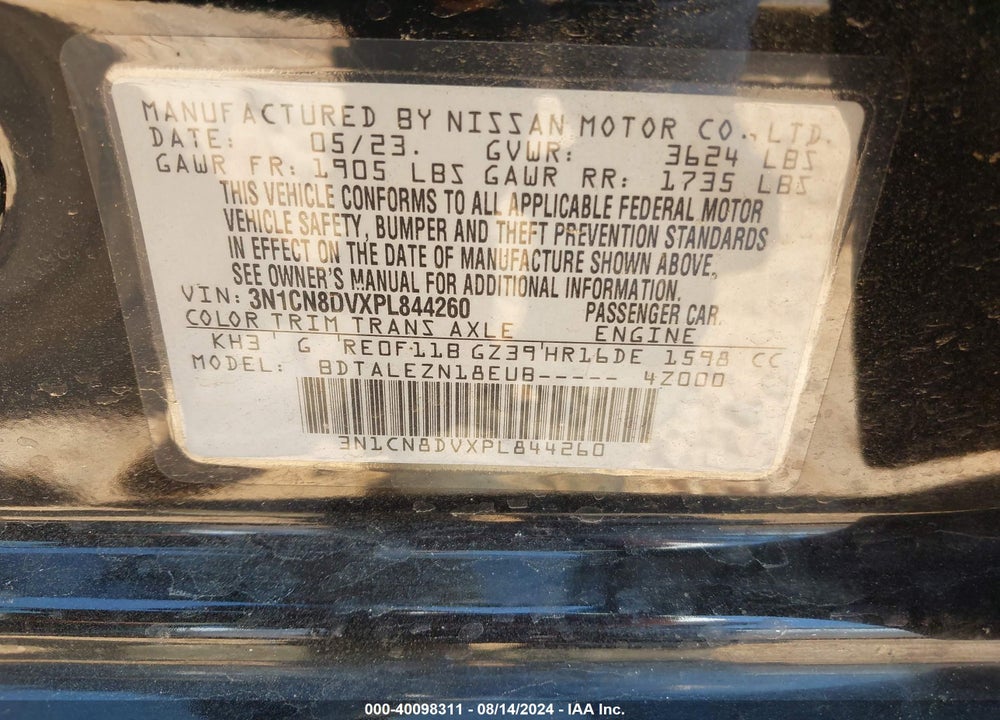 2023 NISSAN VERSA 1.6 S XTRONIC CVT VIN: 3N1CN8DVXPL844260