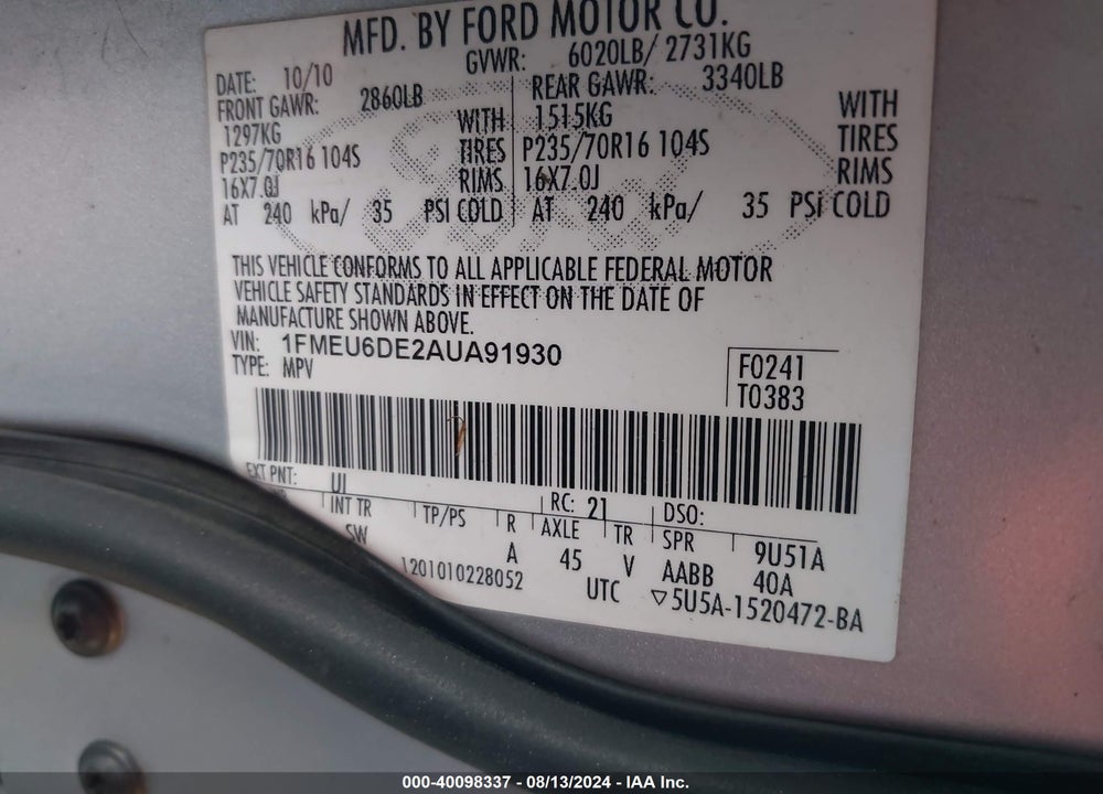 2010 FORD EXPLORER XLT VIN: 1FMEU6DE2AUA91930