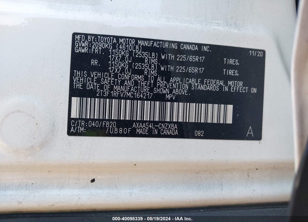 2021 TOYOTA RAV4 LE VIN: 2T3F1RFV7MC164217