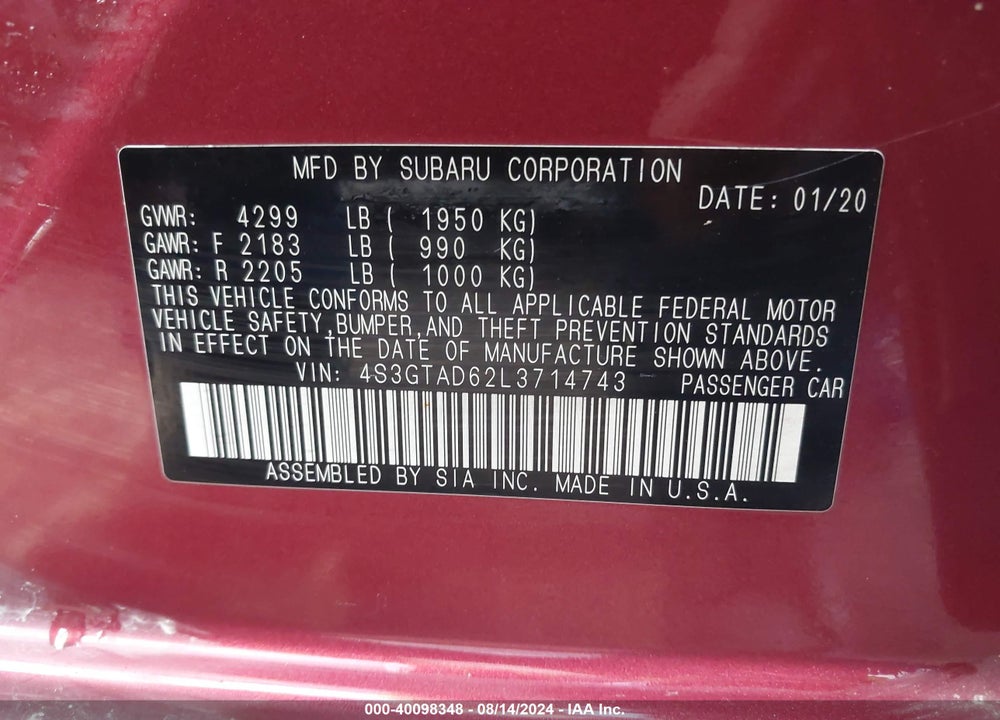 2020 SUBARU IMPREZA PREMIUM 5-DOOR VIN: 4S3GTAD62L3714743