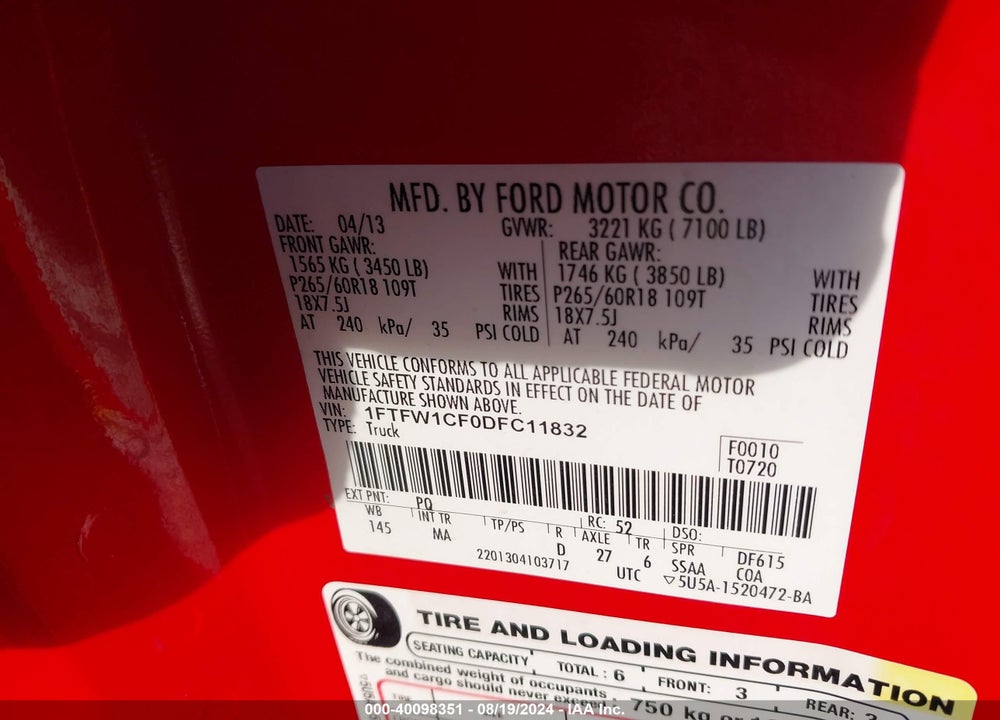 2013 FORD F-150 VIN: 1FTFW1CF0DFC11832