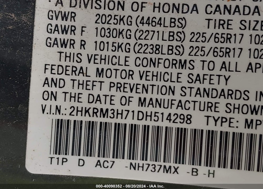 2013 HONDA CR-V VIN: 2HKRM3H71DH514298