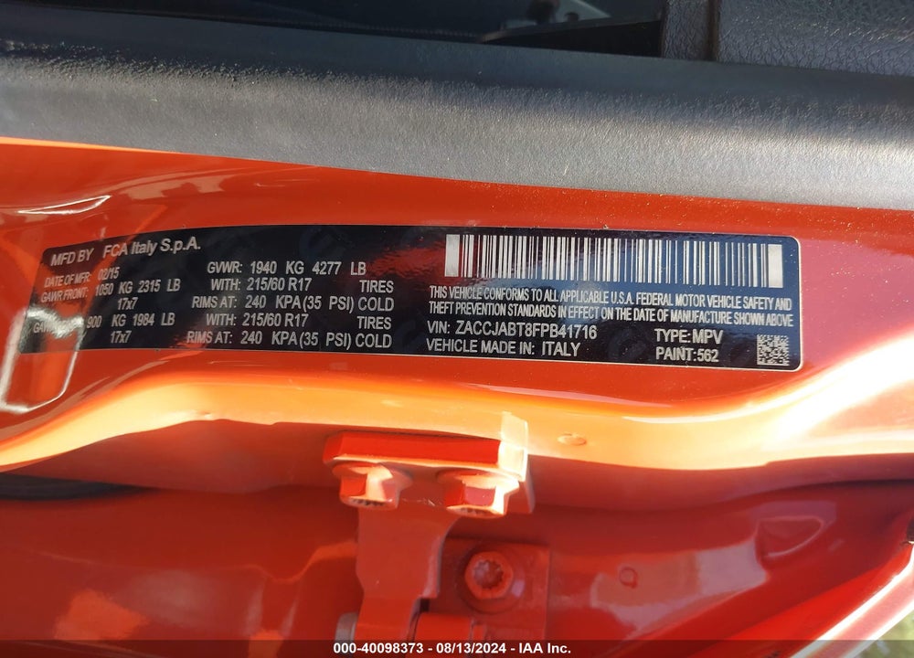 2015 JEEP RENEGADE LATITUDE VIN: ZACCJABT8FPB41716
