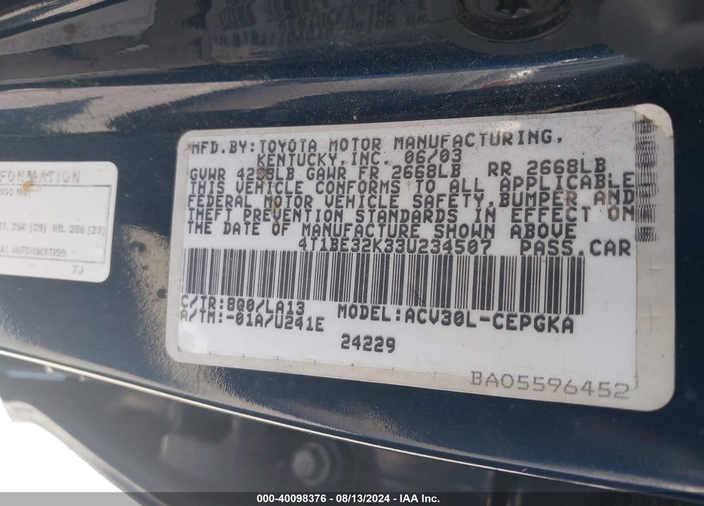 2003 TOYOTA CAMRY XLE VIN: 4T1BE32K33U234507