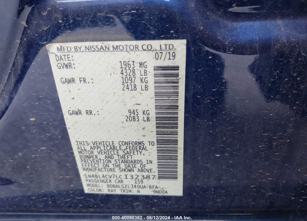 2020 NISSAN ALTIMA SR FWD VIN: 1N4BL4CV7LC132387