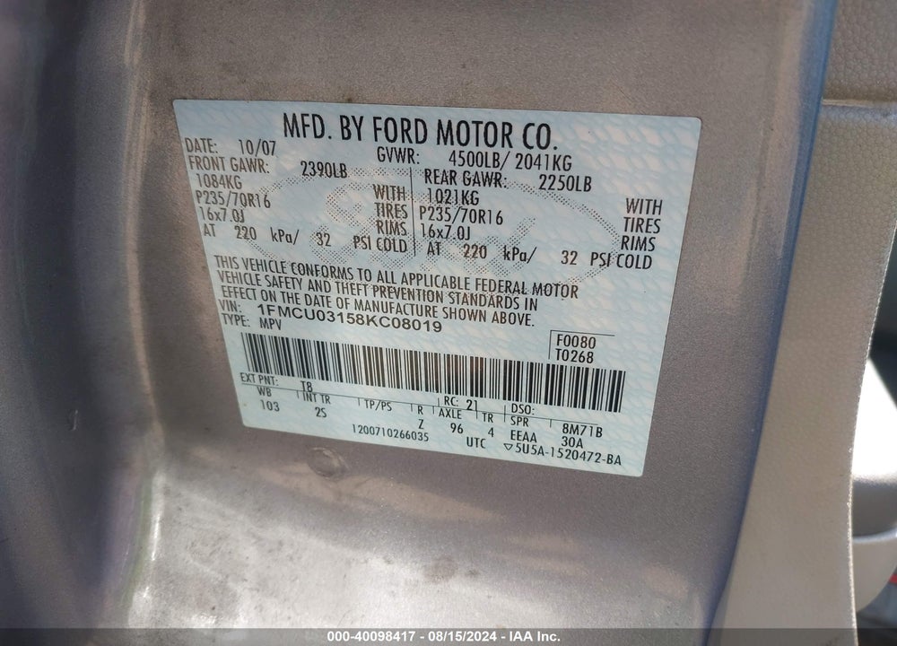 2008 FORD ESCAPE XLT VIN: 1FMCU03158KC08019