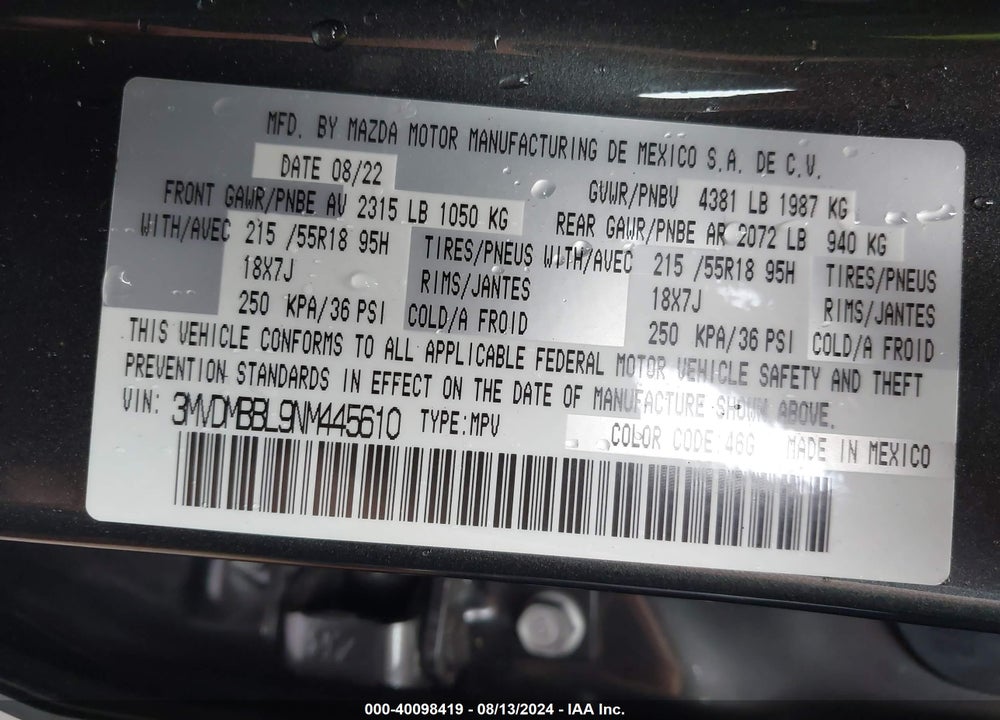2022 MAZDA CX-30 SELECT VIN: 3MVDMBBL9NM445610