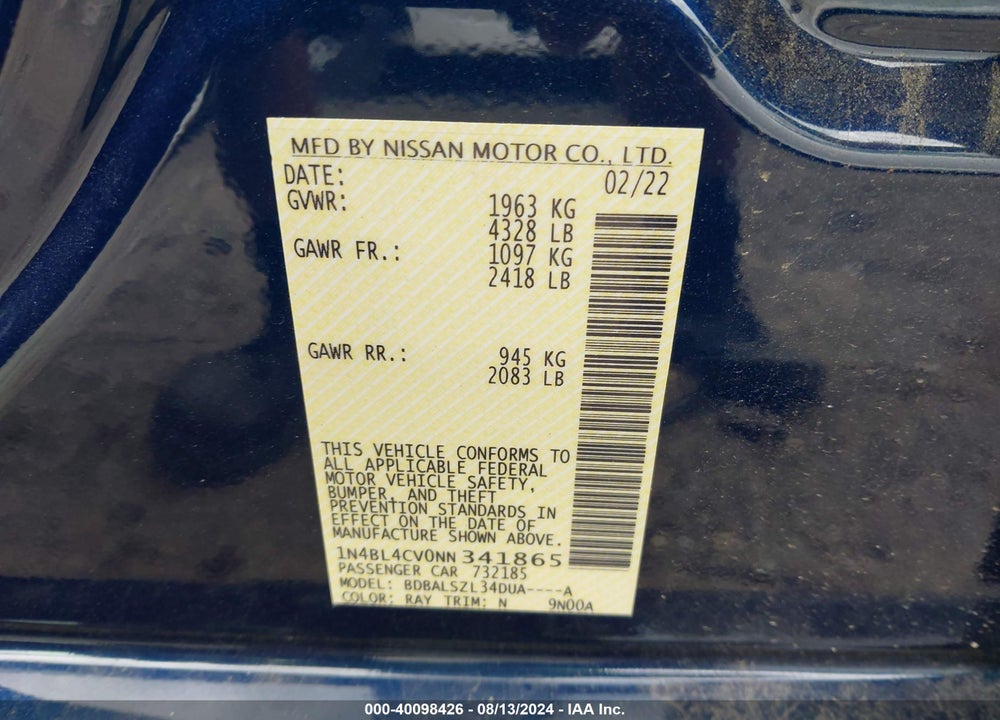 2022 NISSAN ALTIMA SR FWD VIN: 1N4BL4CV0NN341865