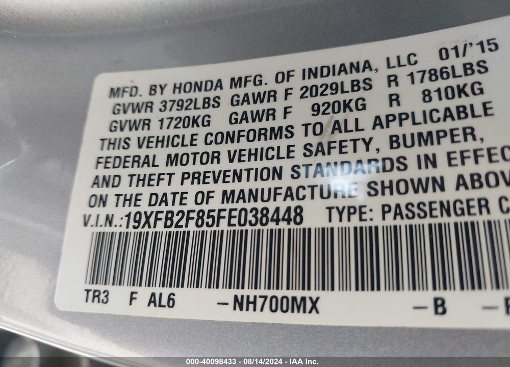 2015 HONDA CIVIC EX VIN: 19XFB2F85FE038448
