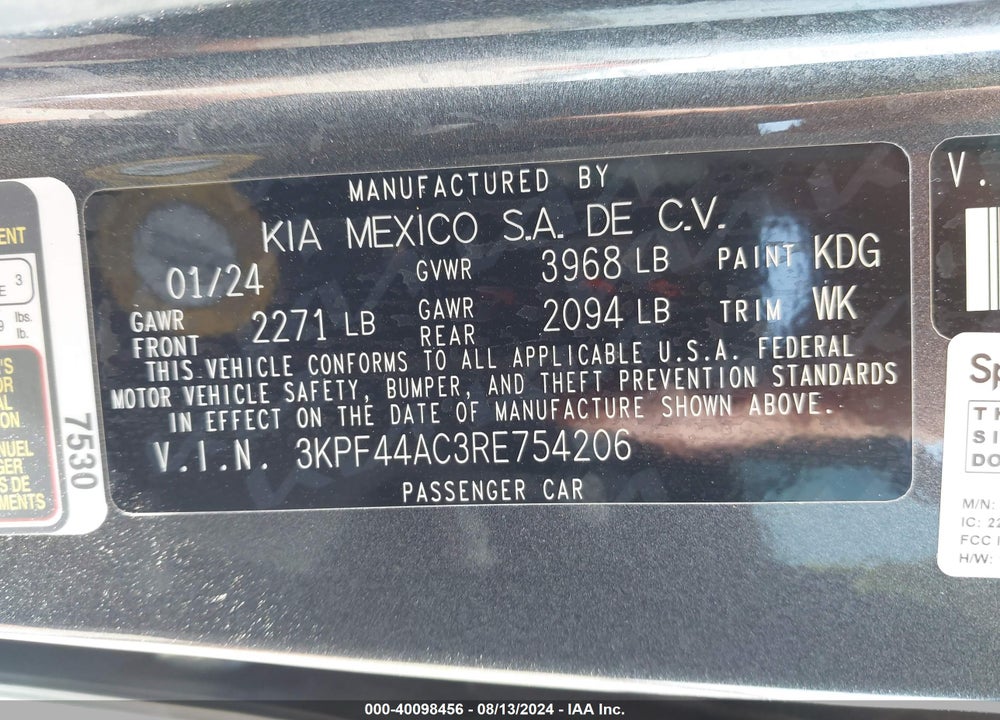 2024 KIA FORTE GT VIN: 3KPF44AC3RE754206