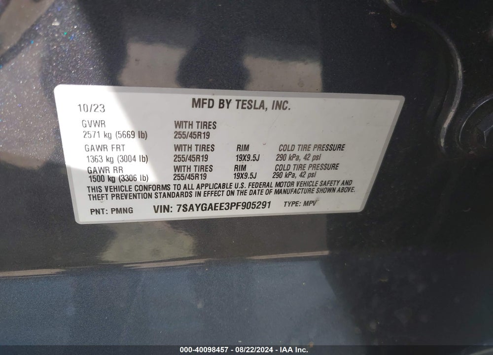 2023 TESLA MODEL Y AWD/LONG RANGE DUAL MOTOR ALL-WHEEL DRIVE VIN: 7SAYGAEE3PF905291
