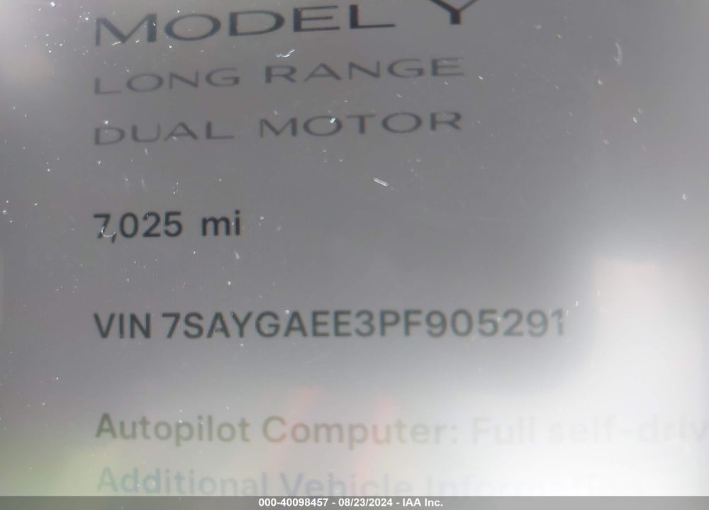 2023 TESLA MODEL Y AWD/LONG RANGE DUAL MOTOR ALL-WHEEL DRIVE VIN: 7SAYGAEE3PF905291
