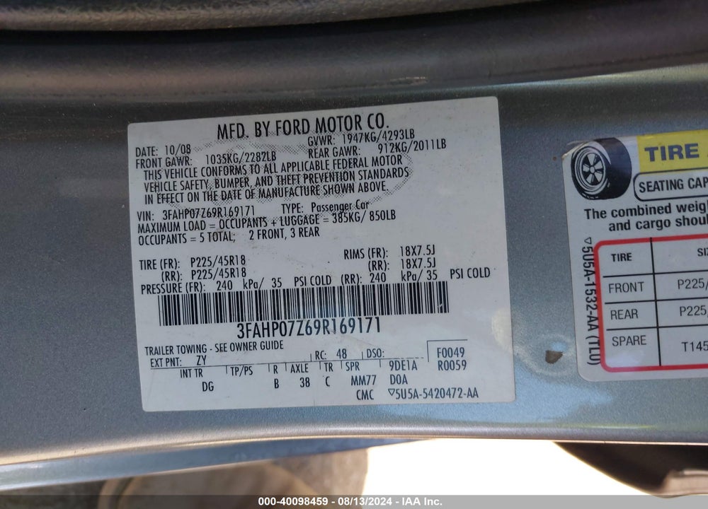 2009 FORD FUSION SE VIN: 3FAHP07Z69R169171