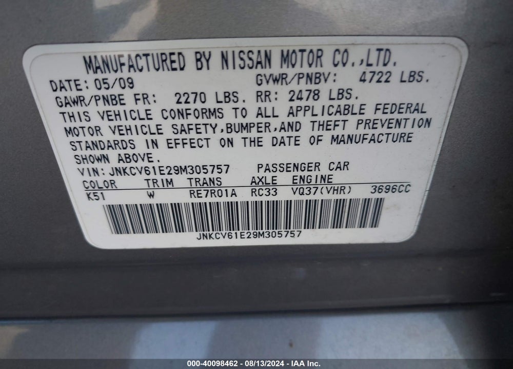 2009 INFINITI G37 JOURNEY VIN: JNKCV61E29M305757