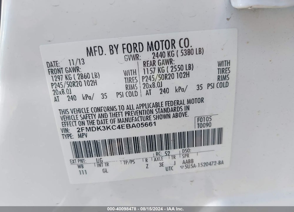 2014 FORD EDGE LIMITED VIN: 2FMDK3KC4EBA05661