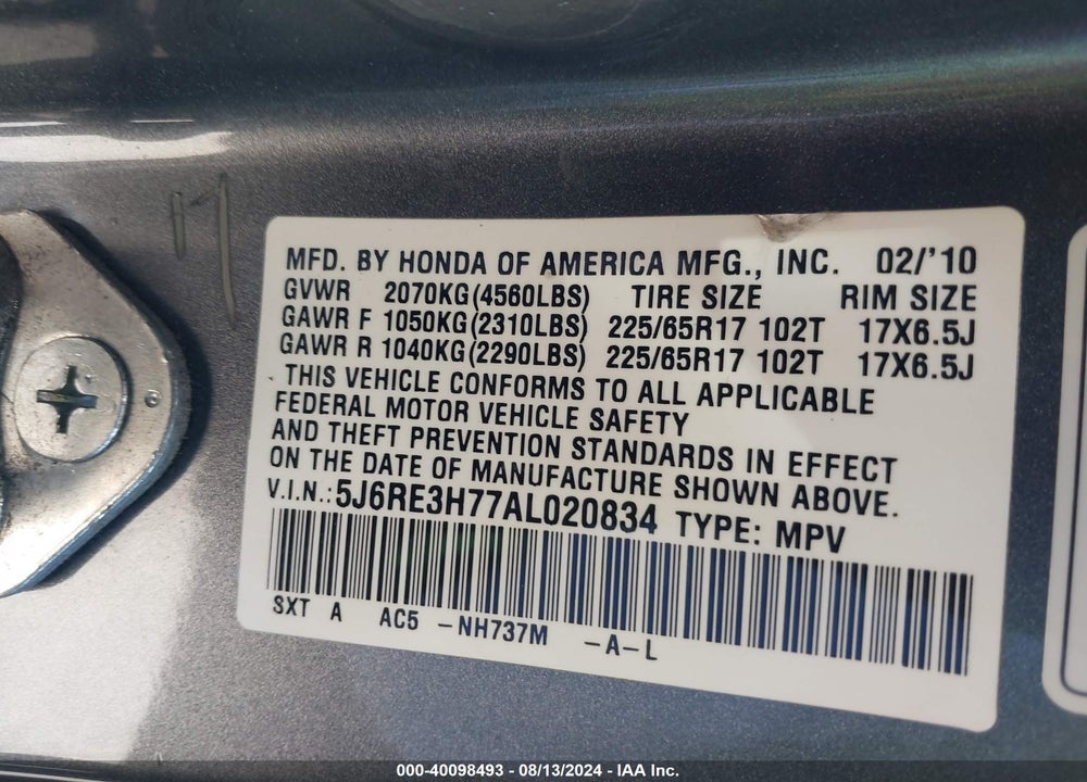 2010 HONDA CR-V EX-L VIN: 5J6RE3H77AL020834