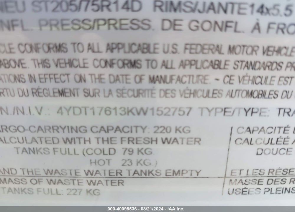 2019 SPRINGDALE OTHER VIN: 4YDT17613KW152757