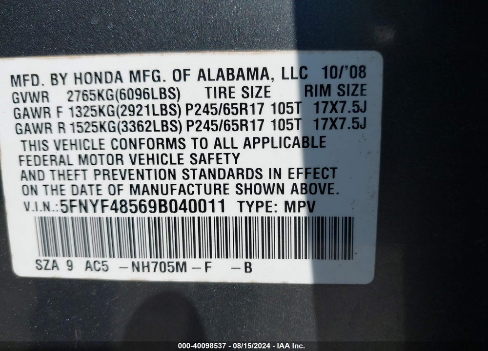 2009 HONDA PILOT EX-L VIN: 5FNYF48569B040011