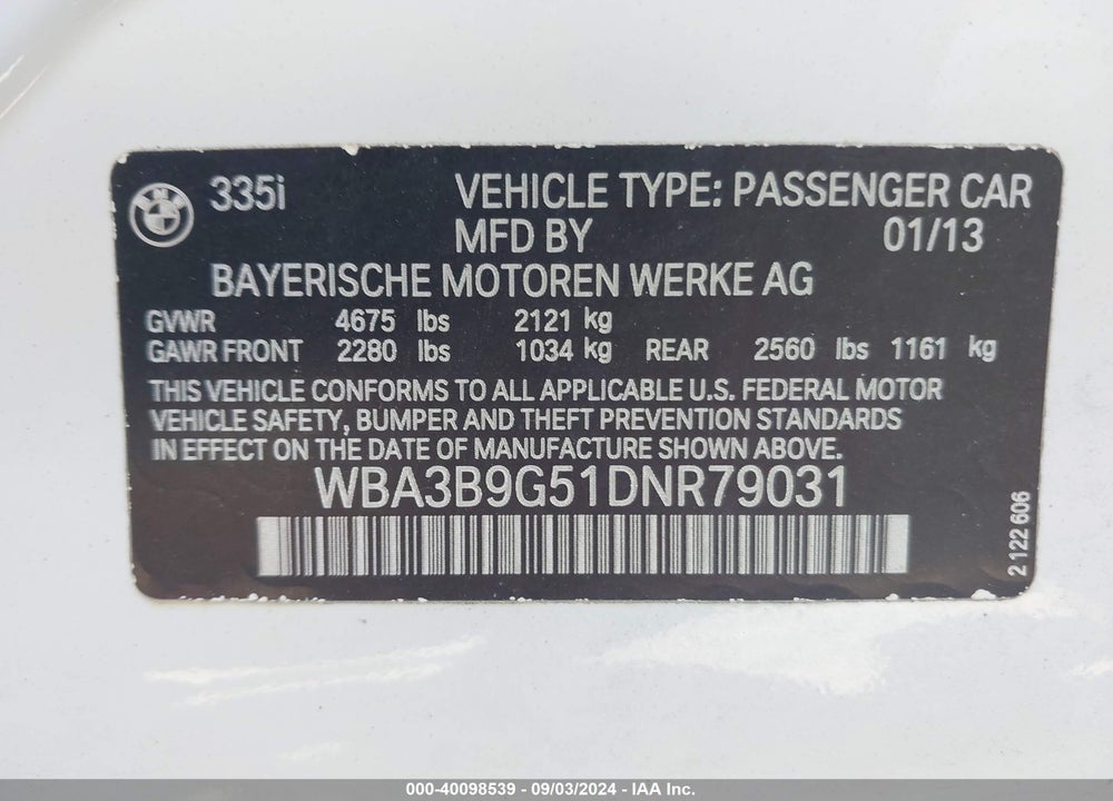 2013 BMW 335I XDRIVE VIN: WBA3B9G51DNR79031