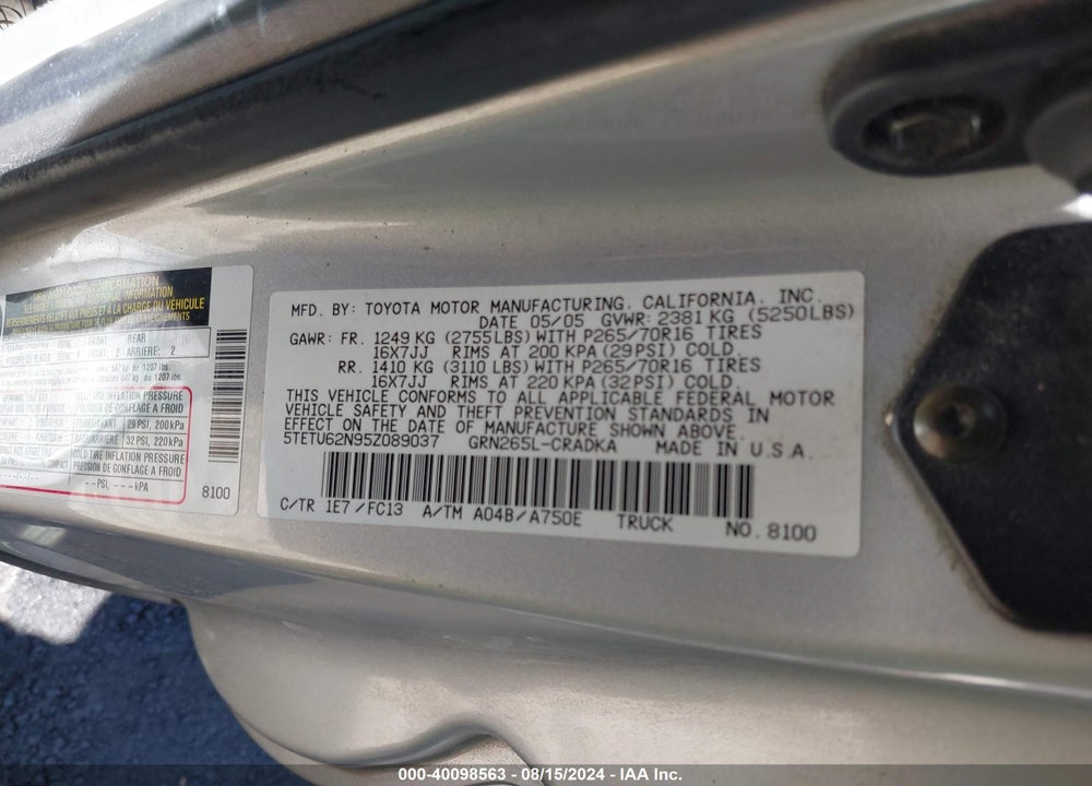 2005 TOYOTA TACOMA PRERUNNER V6 VIN: 5TETU62N95Z089037