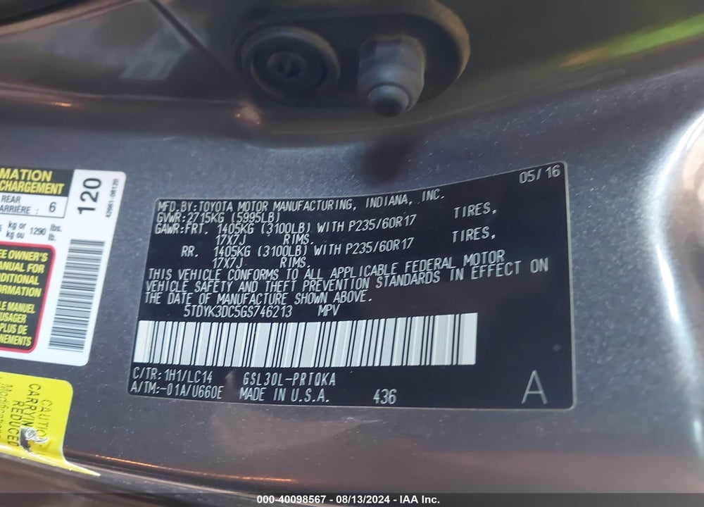 2016 TOYOTA SIENNA XLE 8 PASSENGER VIN: 5TDYK3DC5GS746213