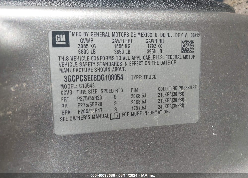 2013 CHEVROLET SILVERADO 1500 LT VIN: 3GCPCSE08DG108054