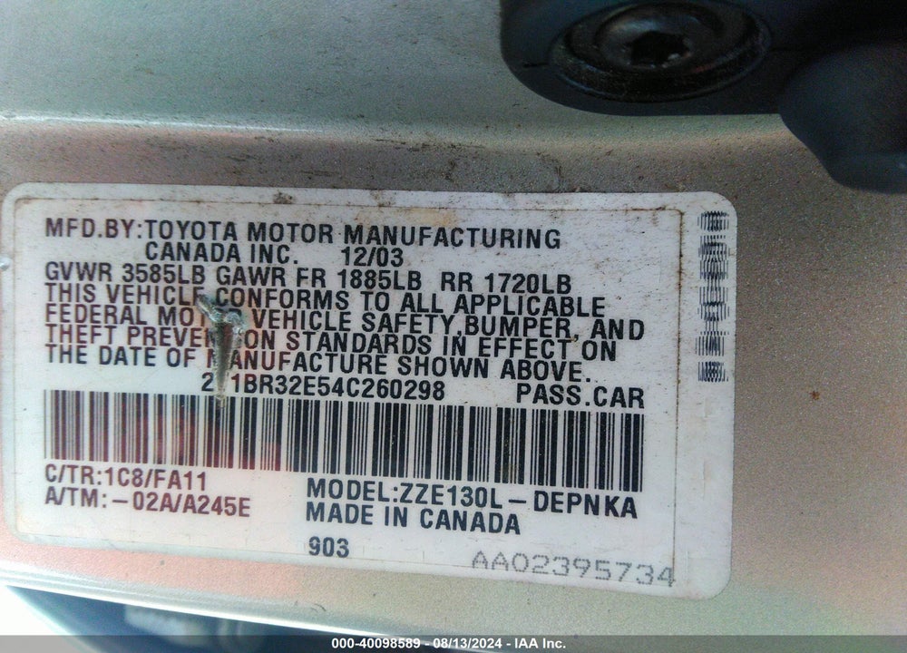 2004 TOYOTA COROLLA LE VIN: 2T1BR32E54C260298