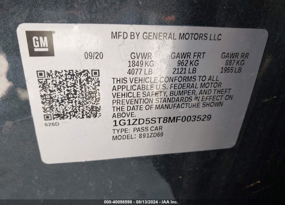 2021 CHEVROLET MALIBU FWD LT VIN: 1G1ZD5ST8MF003529