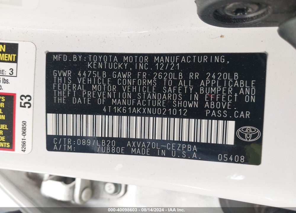 2022 TOYOTA CAMRY XSE VIN: 4T1K61AKXNU021012