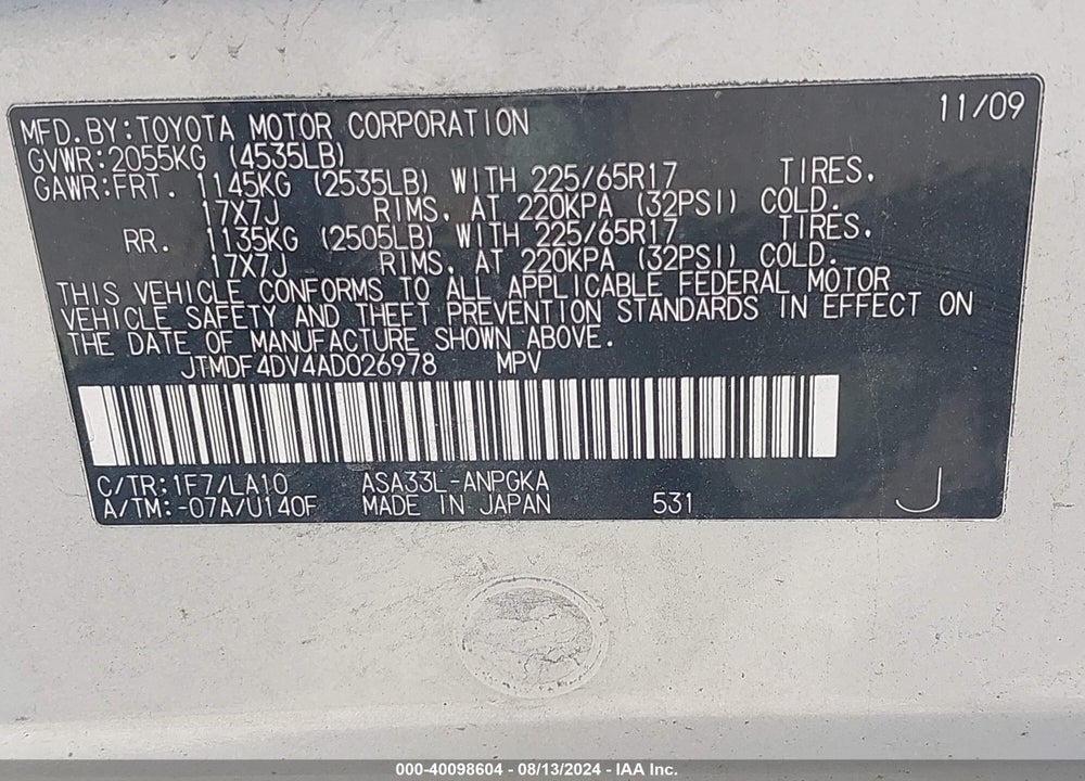 2010 TOYOTA RAV4 LIMITED VIN: JTMDF4DV4AD026978