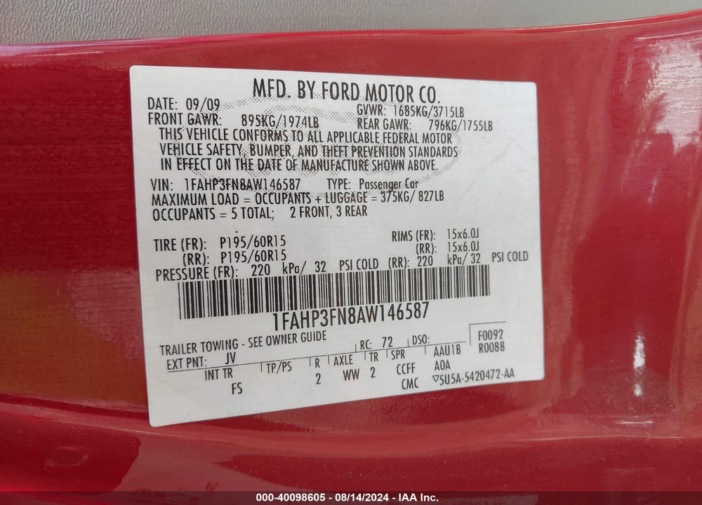 2010 FORD FOCUS SE VIN: 1FAHP3FN8AW146587