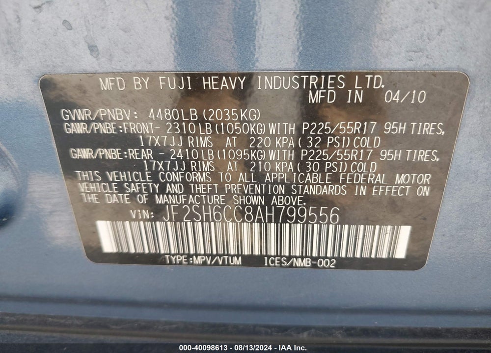 2010 SUBARU FORESTER 2.5X PREMIUM VIN: JF2SH6CC8AH799556
