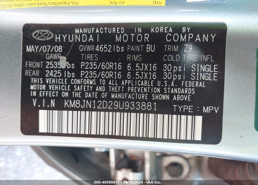 2009 HYUNDAI TUCSON SE VIN: KM8JN12D29U933881