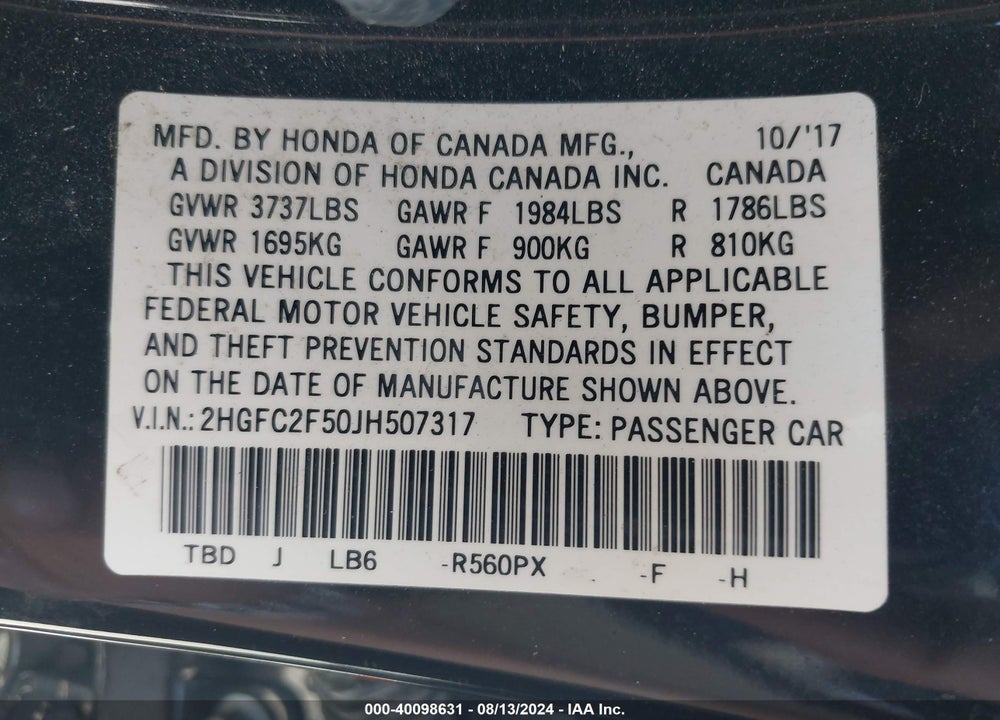 2018 HONDA CIVIC VIN: 2HGFC2F50JH507317