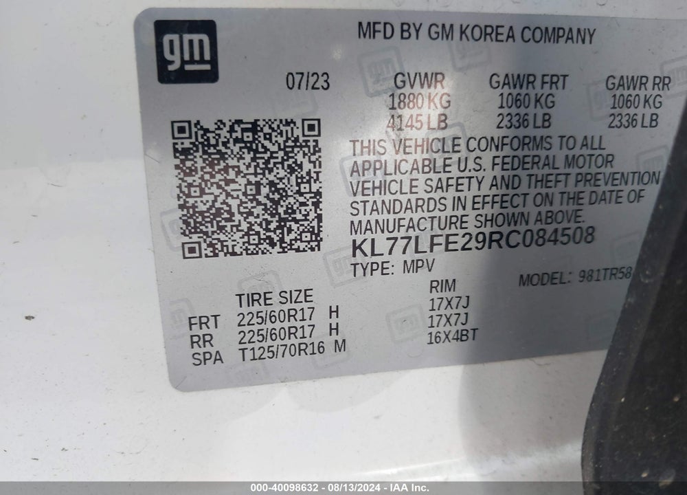 2024 CHEVROLET TRAX FWD SP VIN: KL77LFE29RC084508