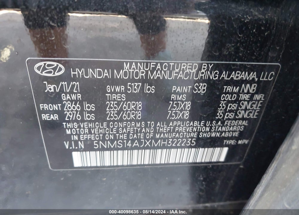2021 HYUNDAI SANTA FE SE VIN: 5NMS14AJXMH322235