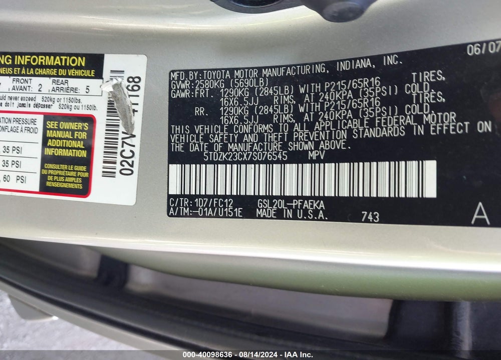 2007 TOYOTA SIENNA VIN: 5TDZK23CX7S076545