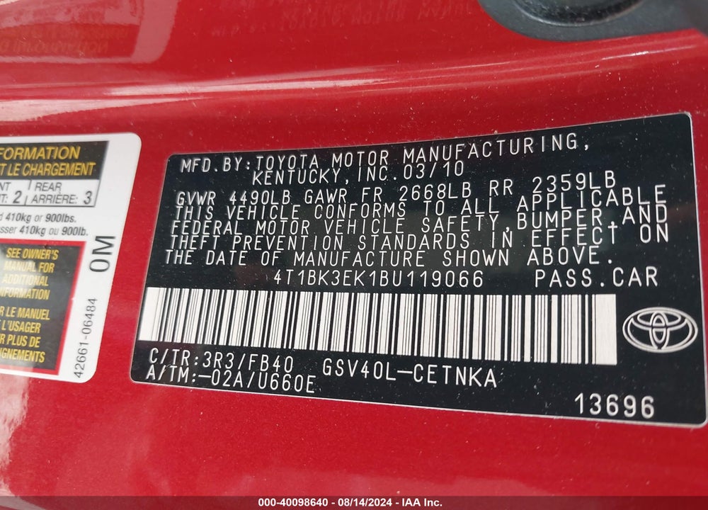 2011 TOYOTA CAMRY VIN: 4T1BK3EK1BU119066