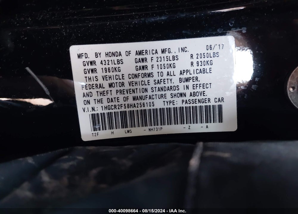 2017 HONDA ACCORD SPORT VIN: 1HGCR2F58HA256105