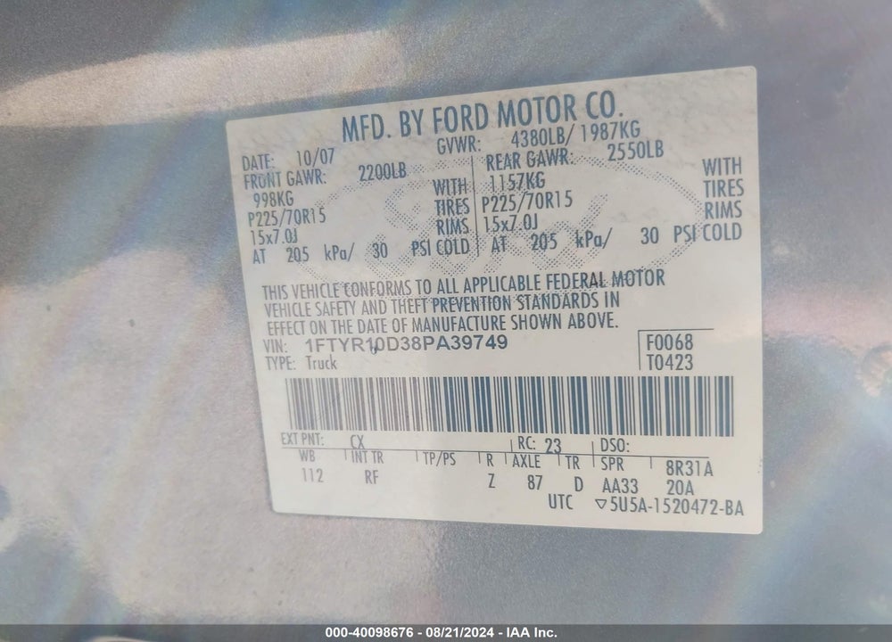 2008 FORD RANGER XL/XLT VIN: 1FTYR10D38PA39749