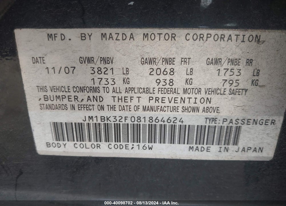 2008 MAZDA 3 I VIN: JM1BK32F081864624
