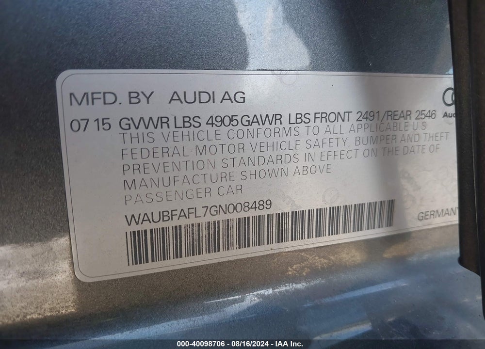 2016 AUDI A4 2.0T PREMIUM VIN: WAUBFAFL7GN008489