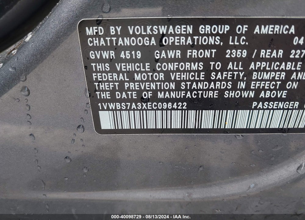 2014 VOLKSWAGEN PASSAT 1.8T SE VIN: 1VWBS7A3XEC096422